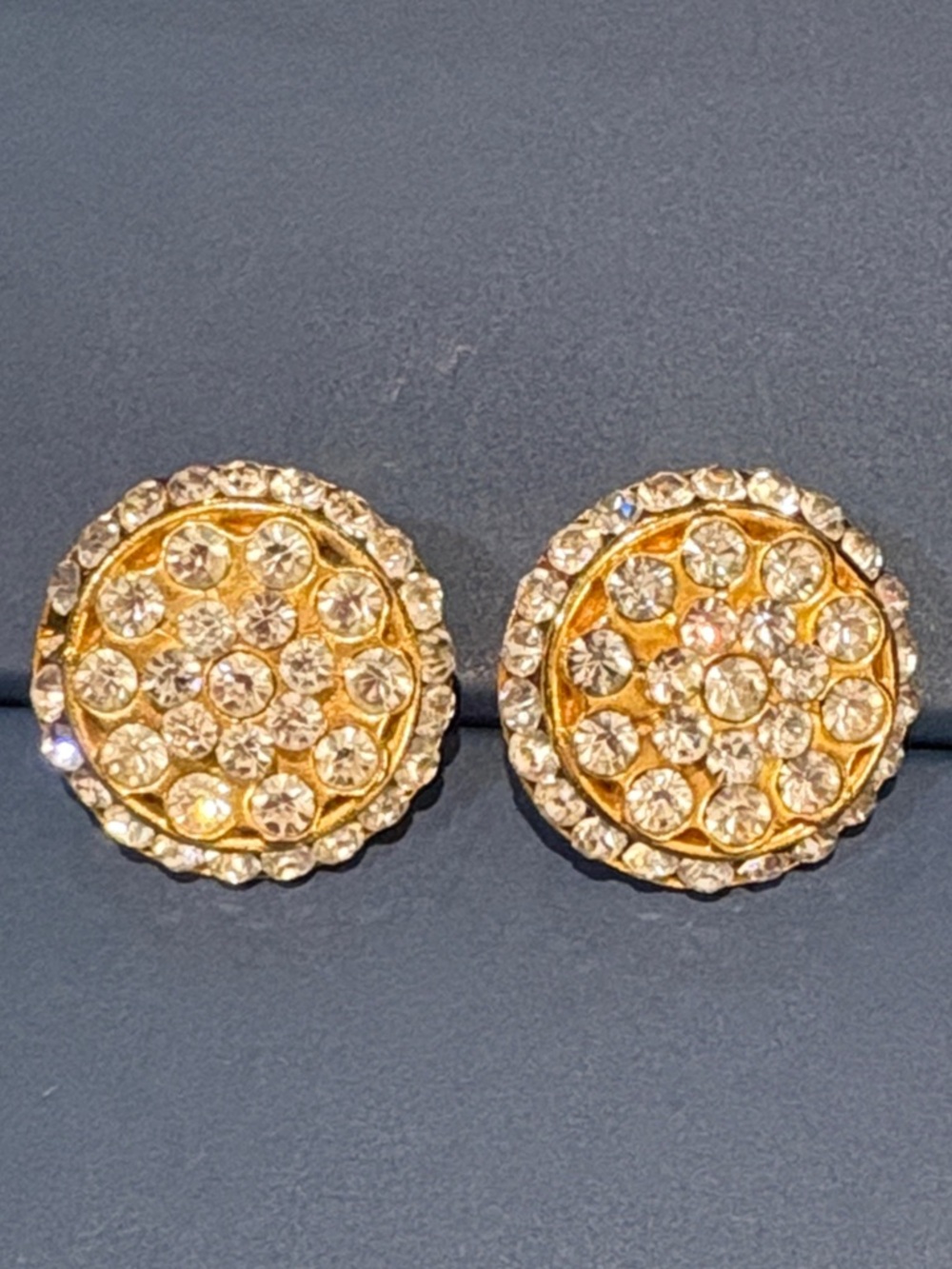 Vintage Gold and Clear Crystal Round Stud Earrings 80’s Made in USA Clip on